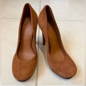 Tory Burch Jude Platform Pumps Brown Leather Heels Size 8 Logo Stiletto Sexy